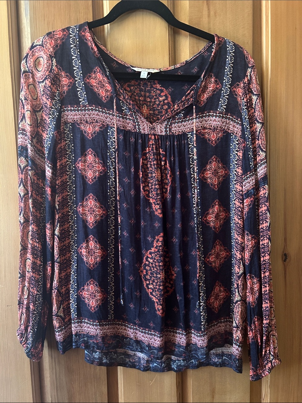 Lucky Brand Navy and Coral Boho Long-Sleeve Tunic